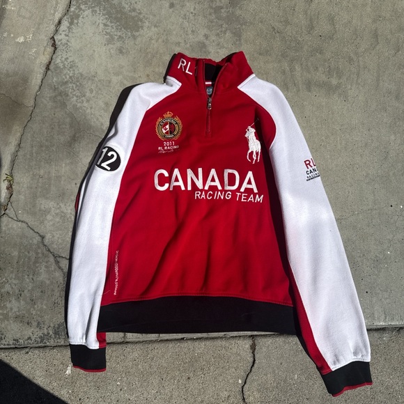 Polo by Ralph Lauren Red and White Zip Up Sweater Canada racing rl1 sweater